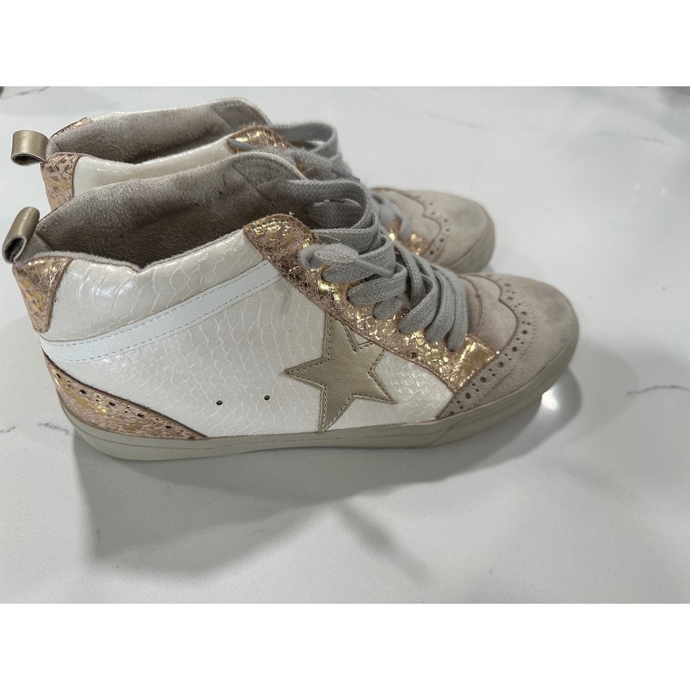 Shu Shop‎ Paulina High Top Sneakers White Rose Gold Metallic Star Suede Size 8